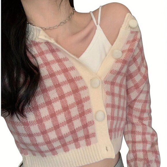 Pink Casual Women's Long Sleeve Button Down Plaid Slim Fit Cardigan - Picture 3 of 6